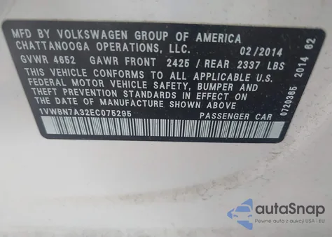 2014 Volkswagen Passat 2.0L Tdi Se из США, поврежденный, VIN 1VWBN7A32EC075295